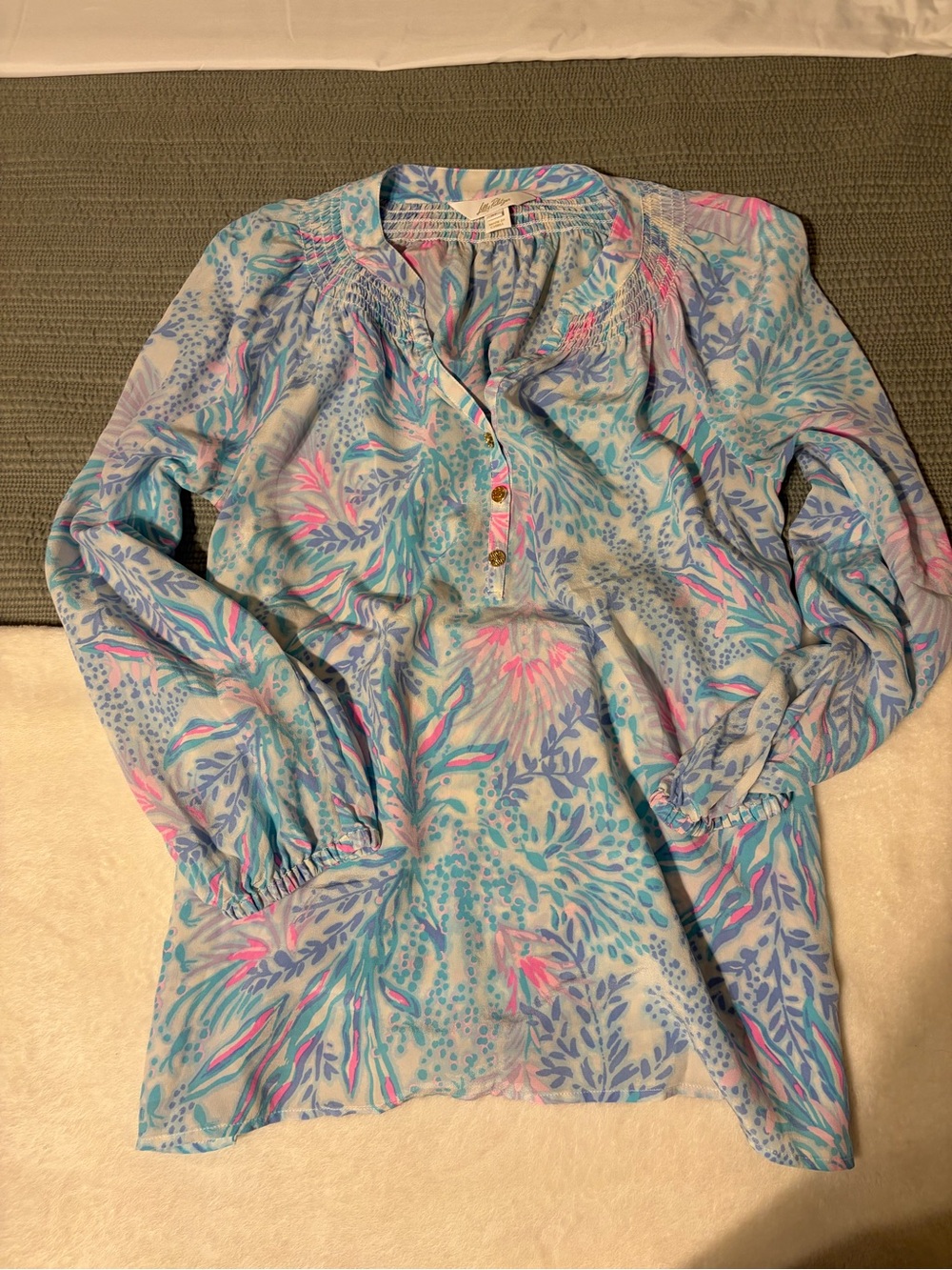 Lilly Pulitzer Pastel Floral Henley Blouse - Blue & Pink